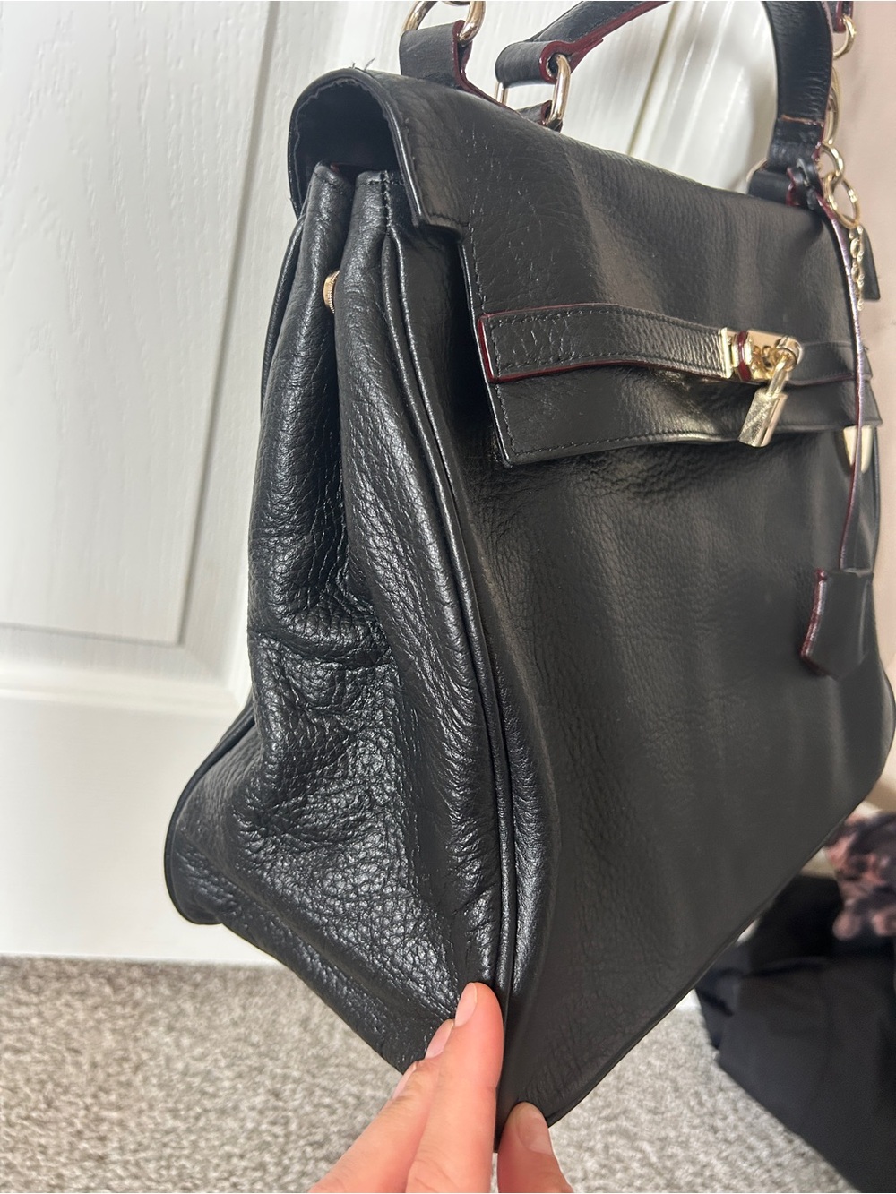 Pegabo Black Genuine Leather Kelly Style Top Handle Satchel / Crossbody - Picture 3 of 9